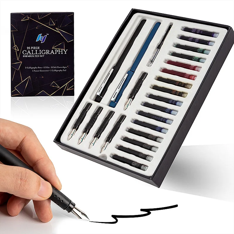 kf-Sa8a37ad3d7414fbc989b61bcec96f753G-25-Piece-Calligraphy-Pen-Writing-Set-2-Fountain-Pens-5-Nibs-16-Ink-Cartridges-for-Art