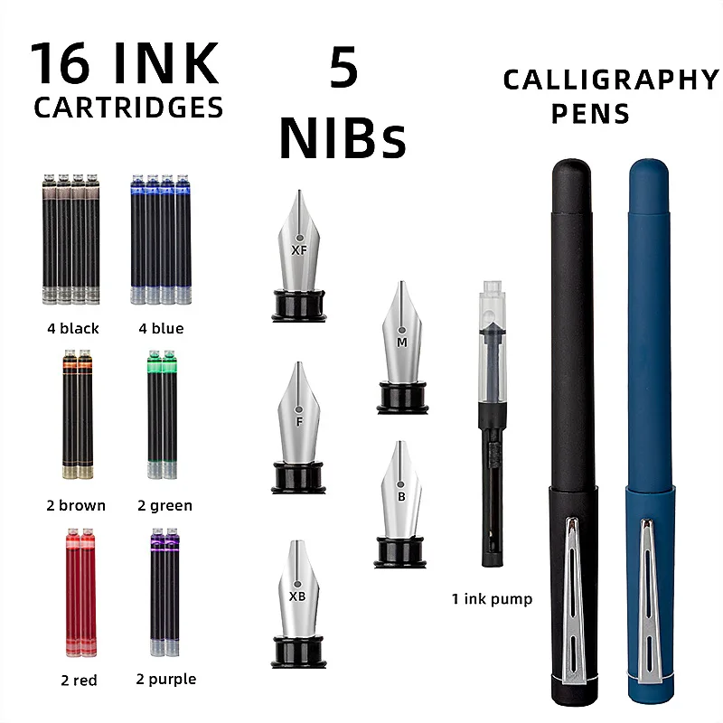 kf-Se7ee9584193a48e494c3b164de6b8001T-25-Piece-Calligraphy-Pen-Writing-Set-2-Fountain-Pens-5-Nibs-16-Ink-Cartridges-for-Art