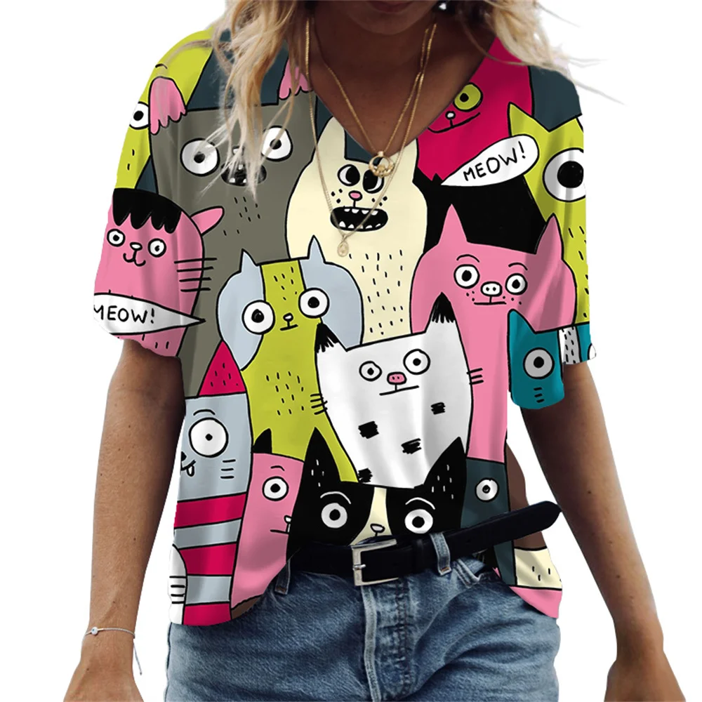kf-S2a278feedf0347af82026c2150b67166t-Women-s-T-shirt-Cartoon-Cat-Print-Summer-Short-Sleeve-V-Neck-Kawaii-Fashion-Casual-Tee