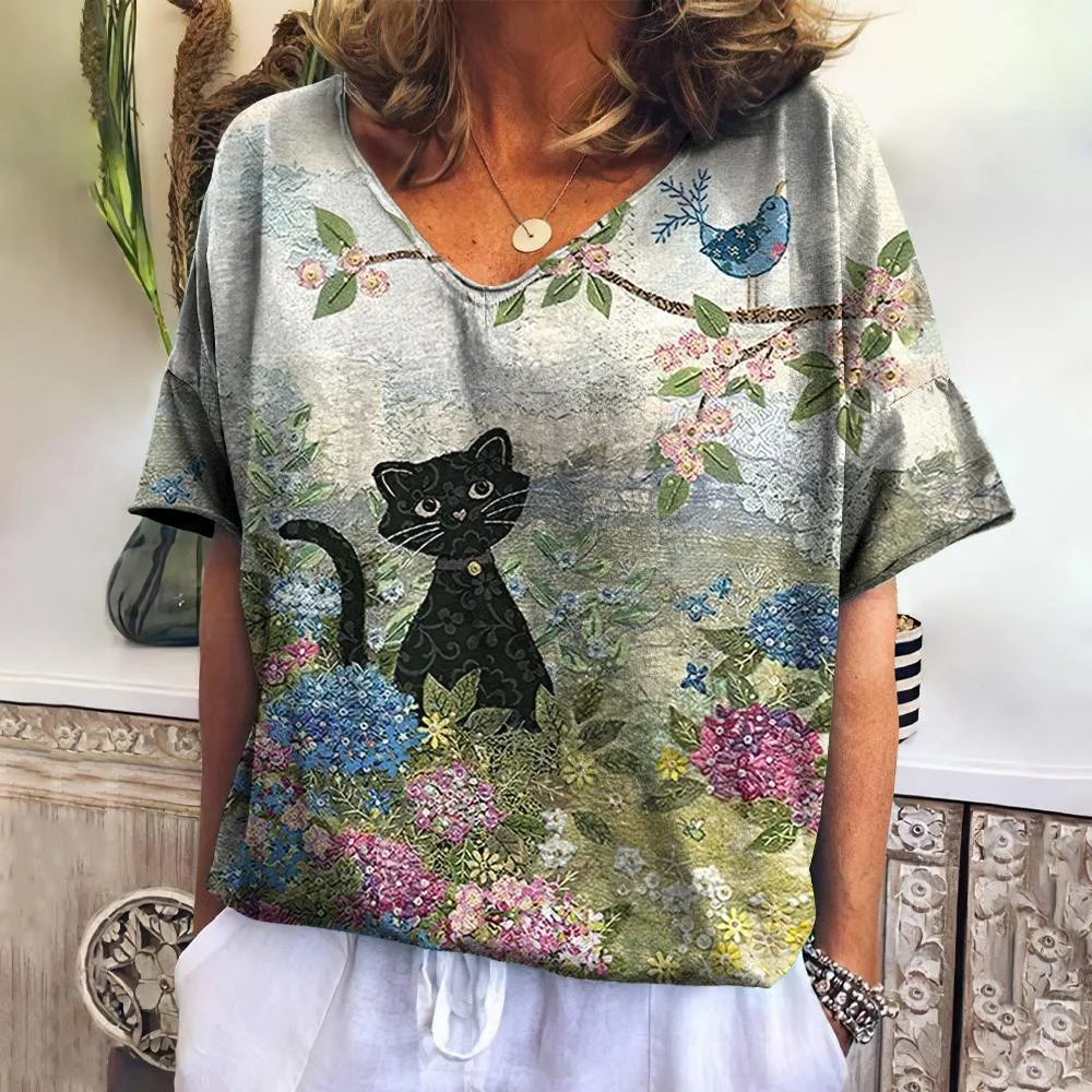 kf-S62d39272a1e44926b7756b40deeb2025R-Women-s-T-shirt-Cartoon-Cat-Print-Summer-Short-Sleeve-V-Neck-Kawaii-Fashion-Casual-Tee