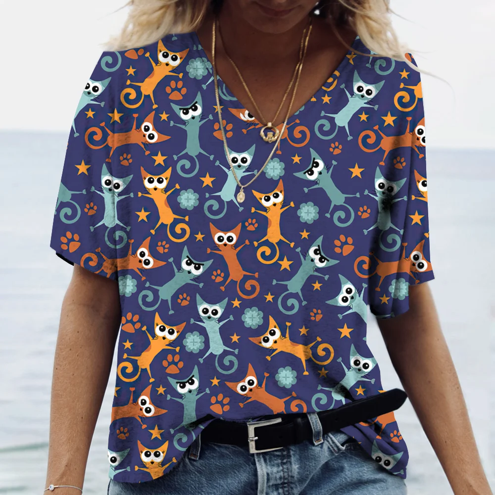 kf-S81df1c811bd74a8ba7c74d7c31832ad9F-Women-s-T-shirt-Cartoon-Cat-Print-Summer-Short-Sleeve-V-Neck-Kawaii-Fashion-Casual-Tee