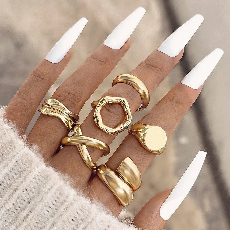 kf-S8ec550a4f68e4342aada55a9d9b3f010T-6Pcs-Set-Gold-Color-Smooth-Geometric-Open-Rings-Set-For-Women-Exaggerated-Metal-Irregular-Thick-Chunky