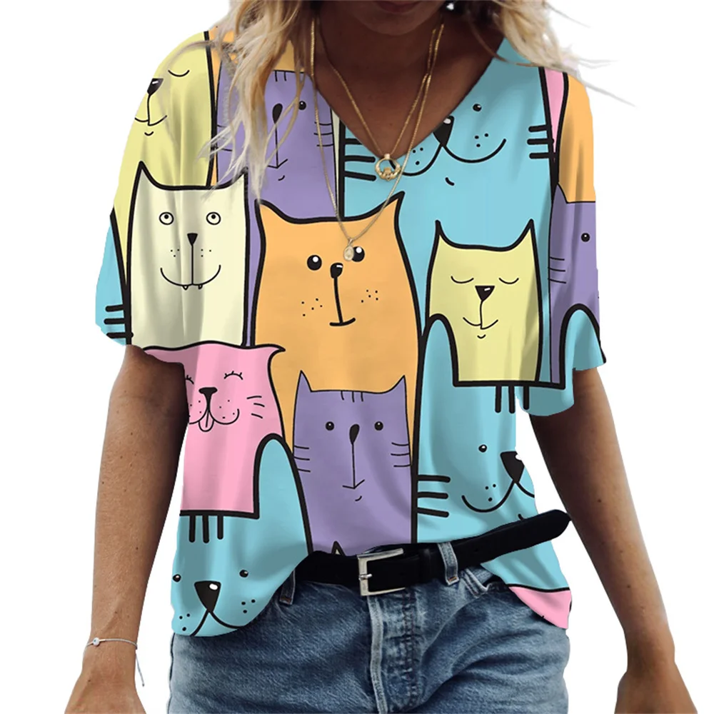 kf-Sbb586fefa081470580588c0ca6d7032bX-Women-s-T-shirt-Cartoon-Cat-Print-Summer-Short-Sleeve-V-Neck-Kawaii-Fashion-Casual-Tee